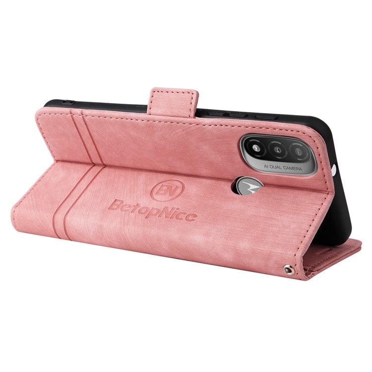BETOPNICE 001 For Motorola Moto E20 / E30 / E40 Imprinted Stitching Line PU Leather Wallet Case Foldable Stand Protective Cover with Strap - Pink