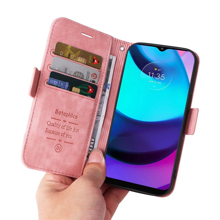 BETOPNICE 001 For Motorola Moto E20 / E30 / E40 Imprinted Stitching Line PU Leather Wallet Case Foldable Stand Protective Cover with Strap - Pink