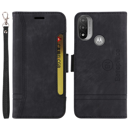 BETOPNICE 001 For Motorola Moto E20 / E30 / E40 Imprinted Stitching Line PU Leather Wallet Case Foldable Stand Protective Cover with Strap - Black