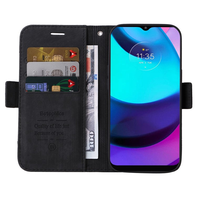 BETOPNICE 001 For Motorola Moto E20 / E30 / E40 Imprinted Stitching Line PU Leather Wallet Case Foldable Stand Protective Cover with Strap - Black