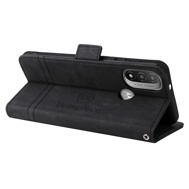 BETOPNICE 001 For Motorola Moto E20 / E30 / E40 Imprinted Stitching Line PU Leather Wallet Case Foldable Stand Protective Cover with Strap - Black