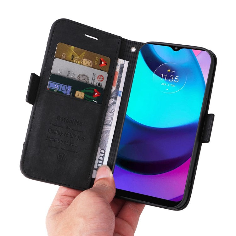 BETOPNICE 001 For Motorola Moto E20 / E30 / E40 Imprinted Stitching Line PU Leather Wallet Case Foldable Stand Protective Cover with Strap - Black