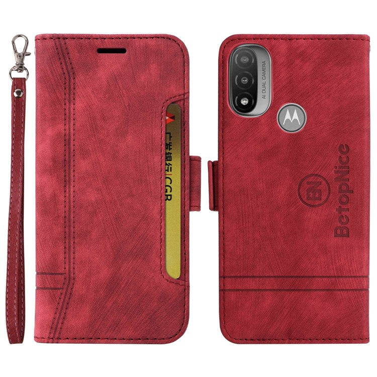 BETOPNICE 001 For Motorola Moto E20 / E30 / E40 Imprinted Stitching Line PU Leather Wallet Case Foldable Stand Protective Cover with Strap - Red