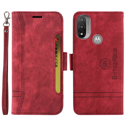 BETOPNICE 001 For Motorola Moto E20 / E30 / E40 Imprinted Stitching Line PU Leather Wallet Case Foldable Stand Protective Cover with Strap - Red