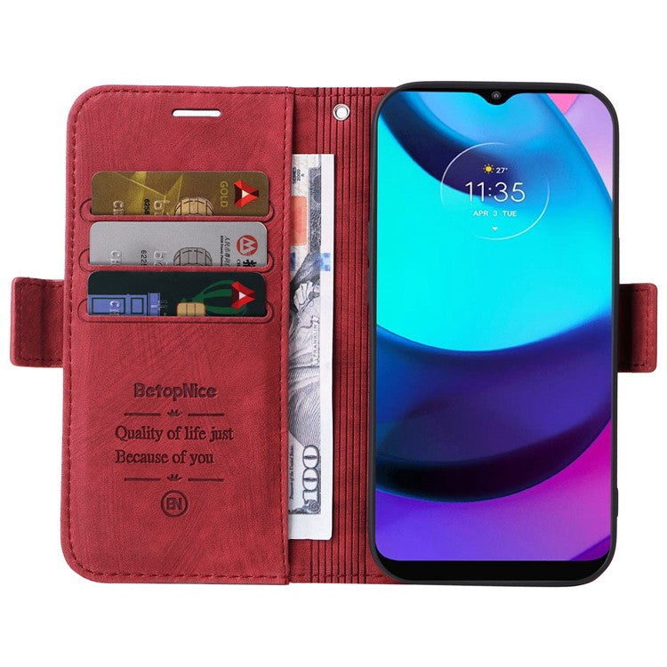 BETOPNICE 001 For Motorola Moto E20 / E30 / E40 Imprinted Stitching Line PU Leather Wallet Case Foldable Stand Protective Cover with Strap - Red