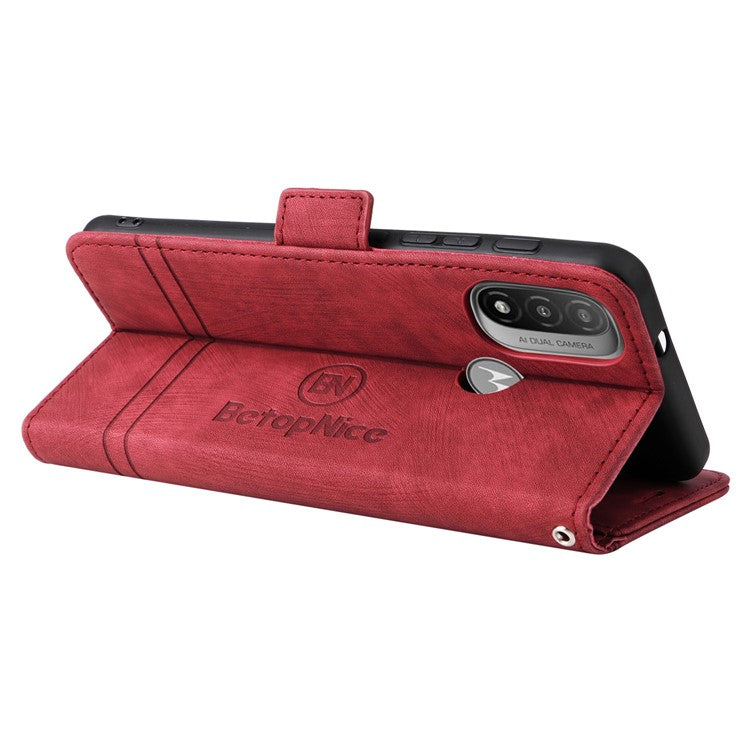 BETOPNICE 001 For Motorola Moto E20 / E30 / E40 Imprinted Stitching Line PU Leather Wallet Case Foldable Stand Protective Cover with Strap - Red