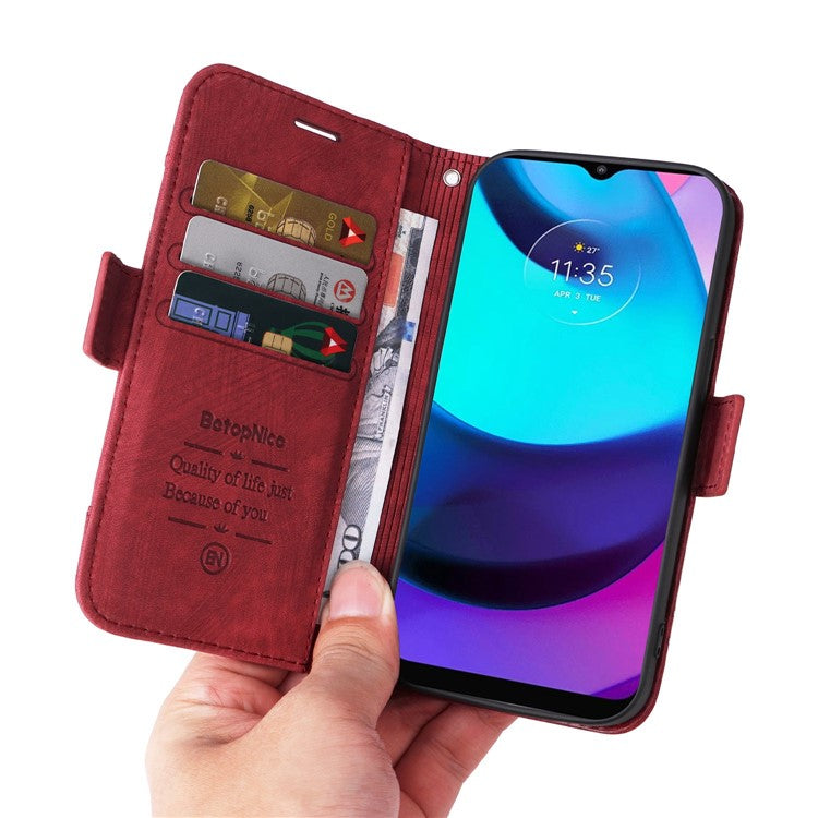 BETOPNICE 001 For Motorola Moto E20 / E30 / E40 Imprinted Stitching Line PU Leather Wallet Case Foldable Stand Protective Cover with Strap - Red