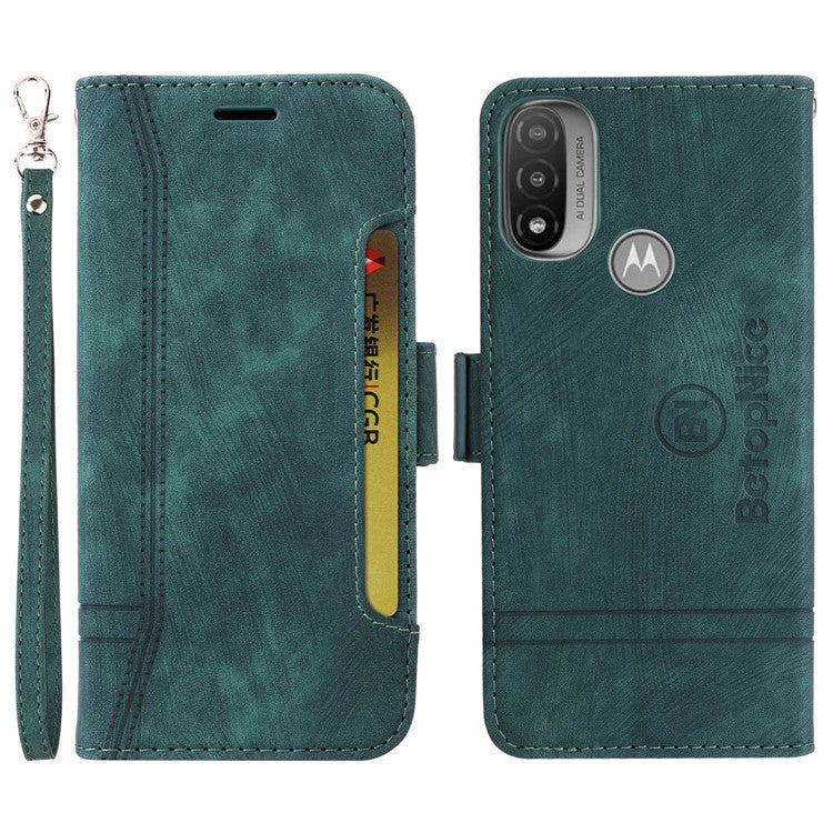 BETOPNICE 001 For Motorola Moto E20 / E30 / E40 Imprinted Stitching Line PU Leather Wallet Case Foldable Stand Protective Cover with Strap - Green