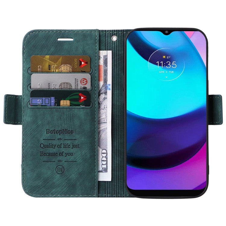 BETOPNICE 001 For Motorola Moto E20 / E30 / E40 Imprinted Stitching Line PU Leather Wallet Case Foldable Stand Protective Cover with Strap - Green