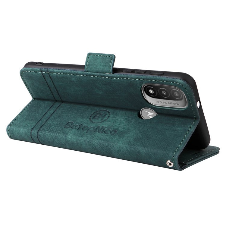 BETOPNICE 001 For Motorola Moto E20 / E30 / E40 Imprinted Stitching Line PU Leather Wallet Case Foldable Stand Protective Cover with Strap - Green