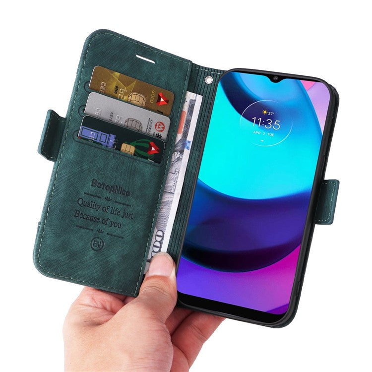 BETOPNICE 001 For Motorola Moto E20 / E30 / E40 Imprinted Stitching Line PU Leather Wallet Case Foldable Stand Protective Cover with Strap - Green