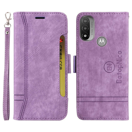 BETOPNICE 001 For Motorola Moto E20 / E30 / E40 Imprinted Stitching Line PU Leather Wallet Case Foldable Stand Protective Cover with Strap - Purple