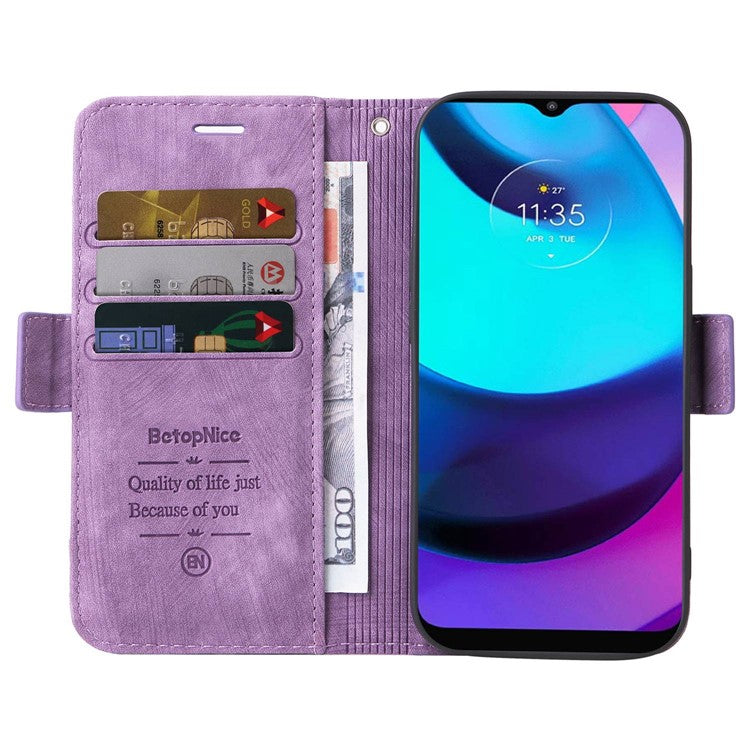 BETOPNICE 001 For Motorola Moto E20 / E30 / E40 Imprinted Stitching Line PU Leather Wallet Case Foldable Stand Protective Cover with Strap - Purple