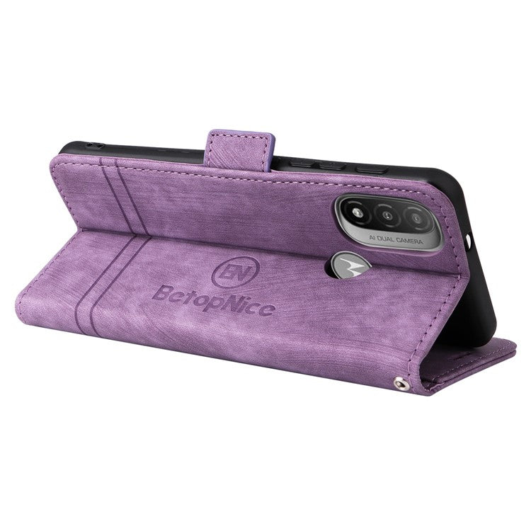 BETOPNICE 001 For Motorola Moto E20 / E30 / E40 Imprinted Stitching Line PU Leather Wallet Case Foldable Stand Protective Cover with Strap - Purple