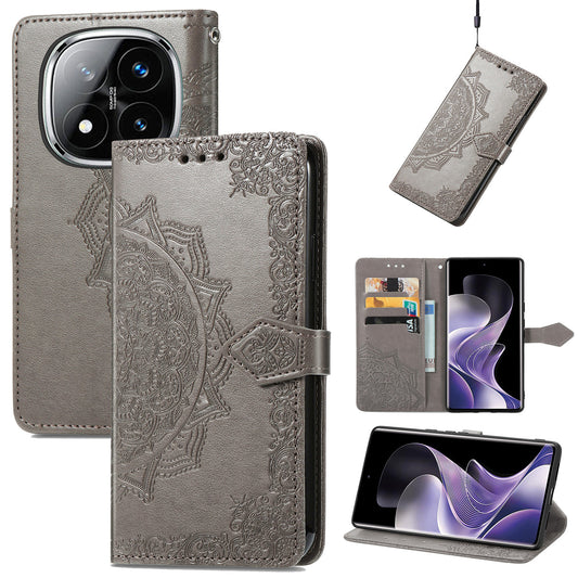 For Xiaomi Redmi Note 14 Pro 4G Wallet Case Mandala Flower Leather Phone Cover Stand - Grey