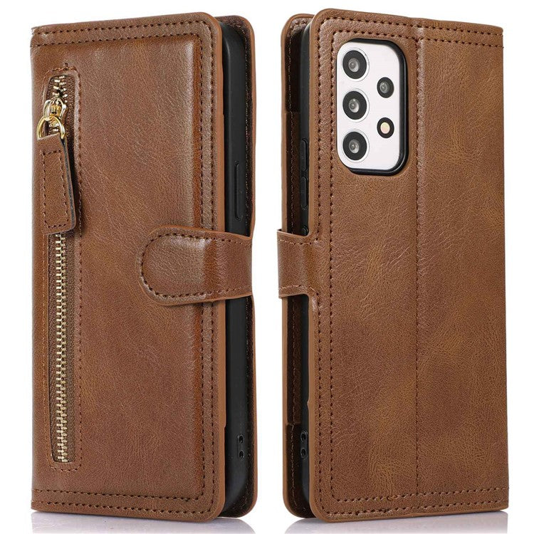 Zipper Pocket Phone Case For Samsung Galaxy A23 5G (Global Version) / 4G Shockproof PU Leather Phone Cover Wallet Stand with Magnetic Buckle - Brown