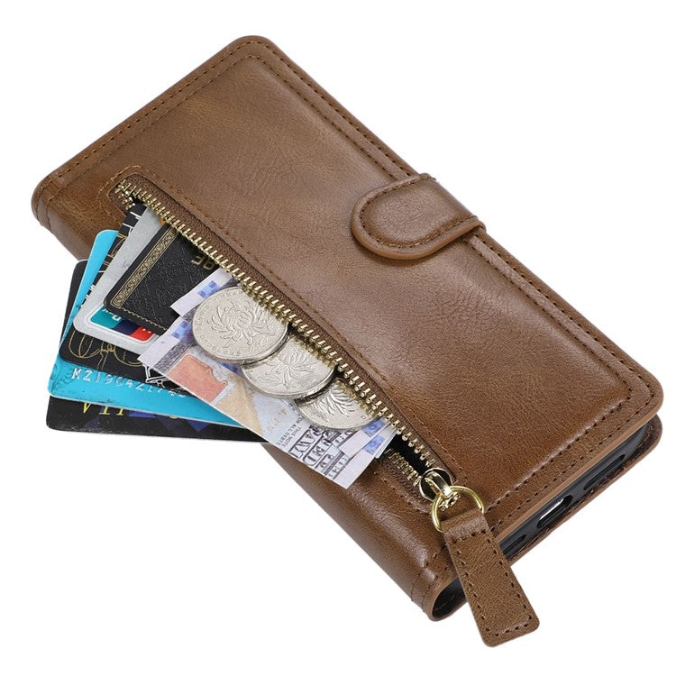 Zipper Pocket Phone Case For Samsung Galaxy A23 5G (Global Version) / 4G Shockproof PU Leather Phone Cover Wallet Stand with Magnetic Buckle - Brown