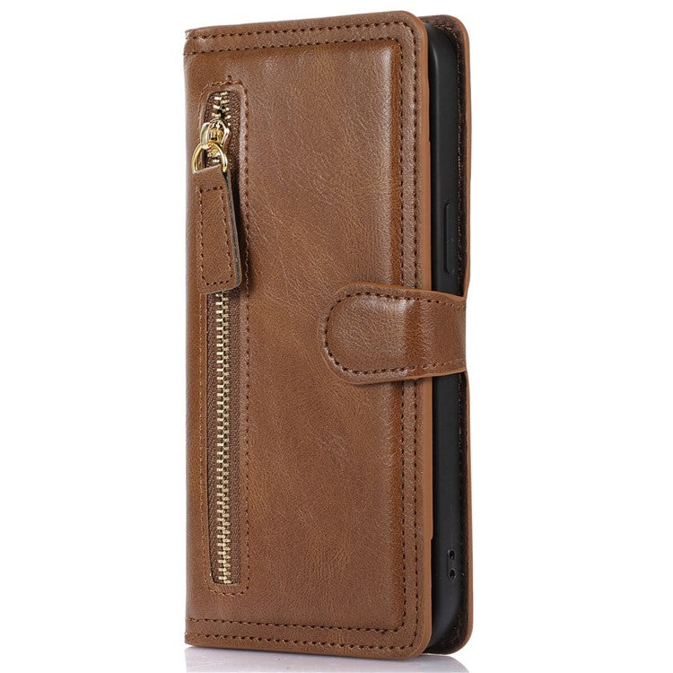 Zipper Pocket Phone Case For Samsung Galaxy A23 5G (Global Version) / 4G Shockproof PU Leather Phone Cover Wallet Stand with Magnetic Buckle - Brown