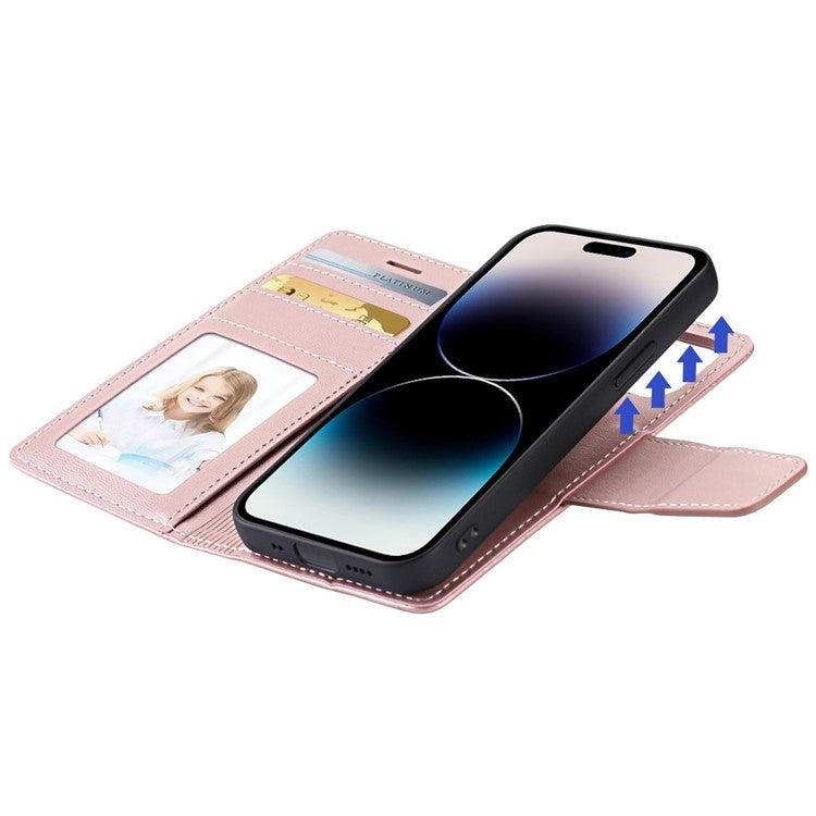 HANMAN Miro2 Series for iPhone  14 Pro Max PU Leather Stand Wallet Case Detachable 2-in-1 Magnetic Flip Phone Cover - Rose Gold