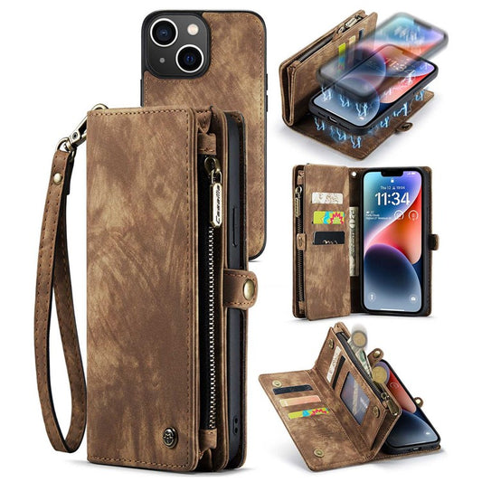 CASEME 008 Series for iPhone 14 Plus PU Leather Detachable Magnetic Handbag Phone Case Multi-Functional Zipper Pocket Wallet Stand Cover with Strap - Brown