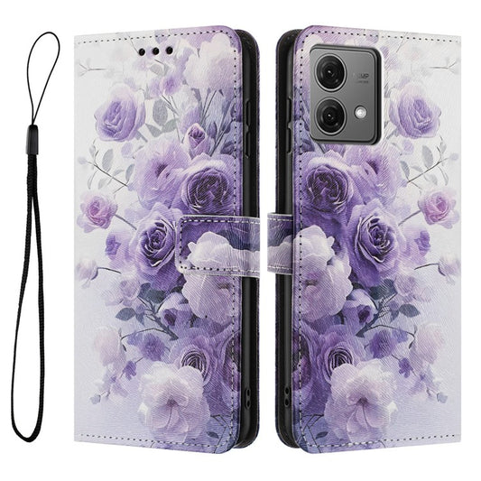 YX-2501 For Motorola Edge 40 Neo 5G Case Pattern Printing PU Leather Wallet Phone Cover with Lanyard - Purple Rose