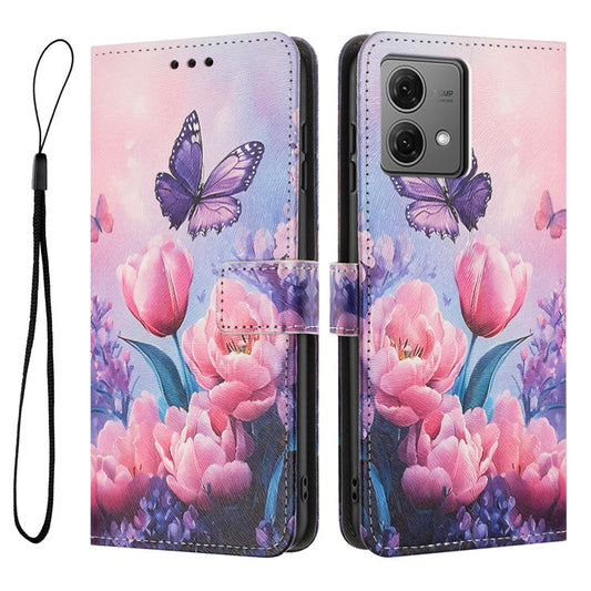 YX-2501 For Motorola Edge 40 Neo 5G Case Pattern Printing PU Leather Wallet Phone Cover with Lanyard - Pink Flower Butterfly
