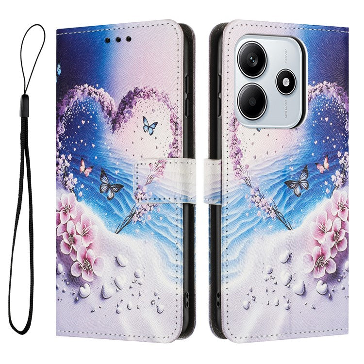 YX-2501 For Xiaomi Redmi Note 14 5G Case Pattern Printing PU Leather Wallet Phone Cover with Lanyard - Heart Butterfly