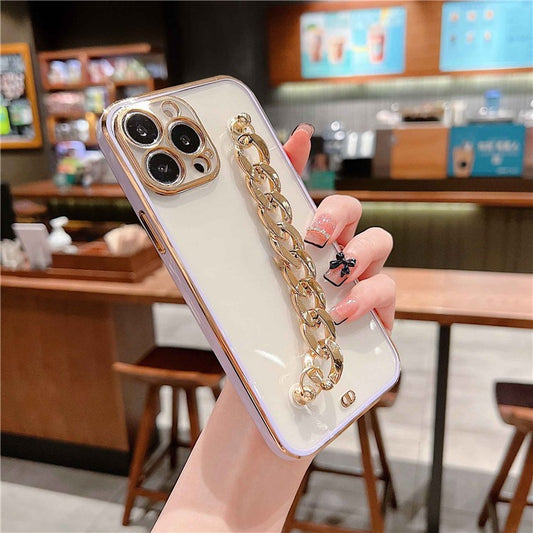 Hand Chain Design Back Case for iPhone 14 Pro Max, Dual Color Electroplating Soft TPU Protective Cover - Purple