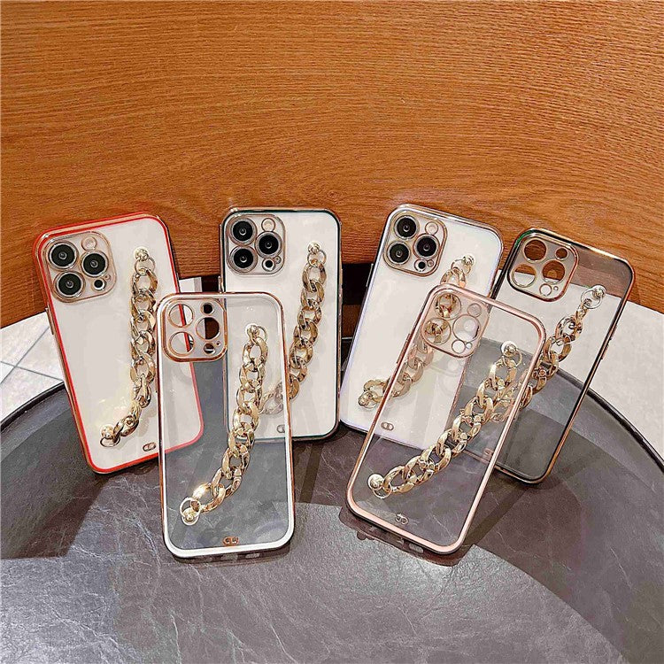 Hand Chain Design Back Case for iPhone 14 Pro Max, Dual Color Electroplating Soft TPU Protective Cover - Purple