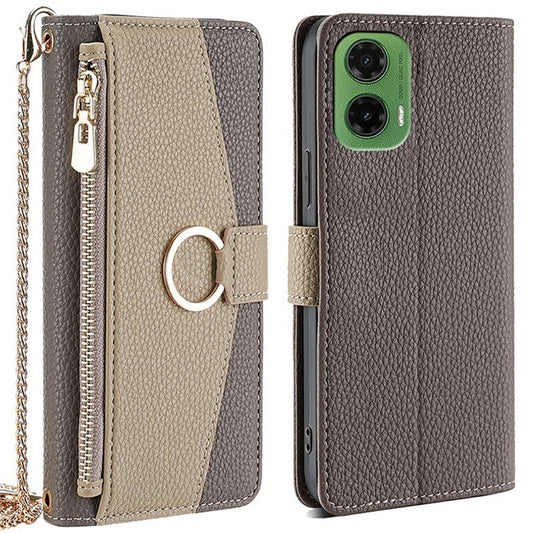For Motorola Moto G35 5G Case Mirror Wallet Leather Phone Cover with Chain Shoulder Strap - Grey