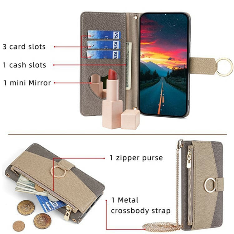 For Motorola Moto G35 5G Case Mirror Wallet Leather Phone Cover with Chain Shoulder Strap - Grey