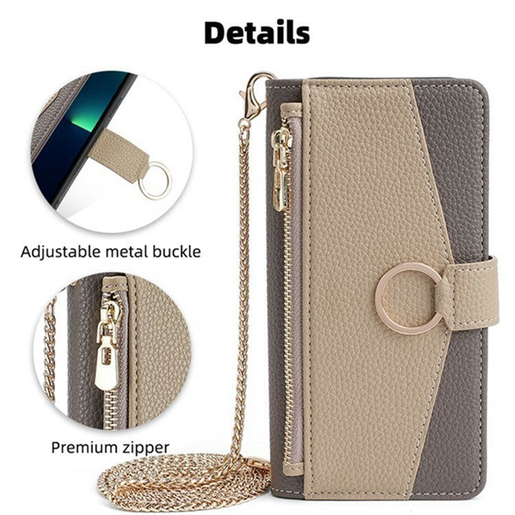 For Motorola Moto G35 5G Case Mirror Wallet Leather Phone Cover with Chain Shoulder Strap - Grey