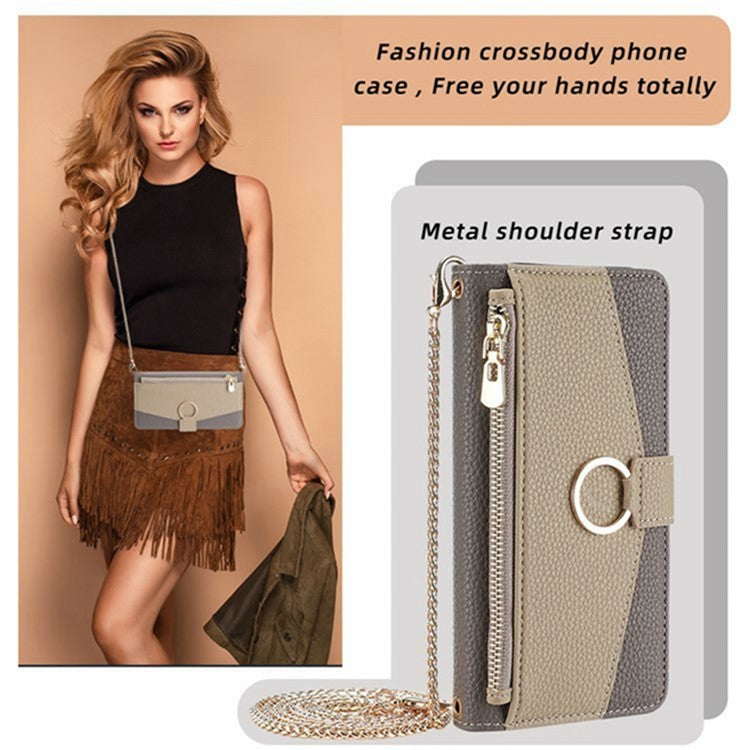 For Motorola Moto G35 5G Case Mirror Wallet Leather Phone Cover with Chain Shoulder Strap - Grey