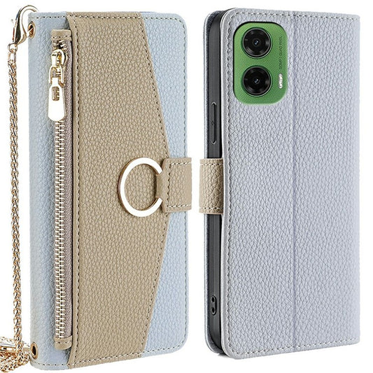 For Motorola Moto G35 5G Case Mirror Wallet Leather Phone Cover with Chain Shoulder Strap - Blue
