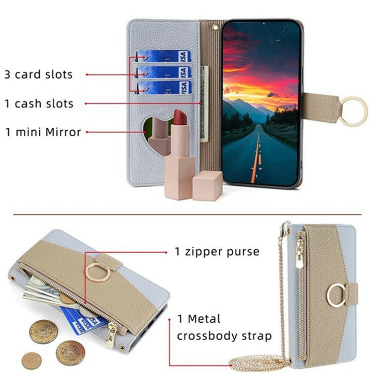 For Motorola Moto G35 5G Case Mirror Wallet Leather Phone Cover with Chain Shoulder Strap - Blue
