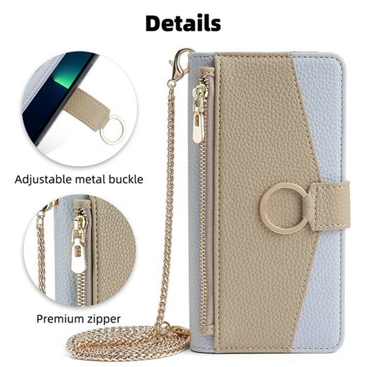 For Motorola Moto G35 5G Case Mirror Wallet Leather Phone Cover with Chain Shoulder Strap - Blue