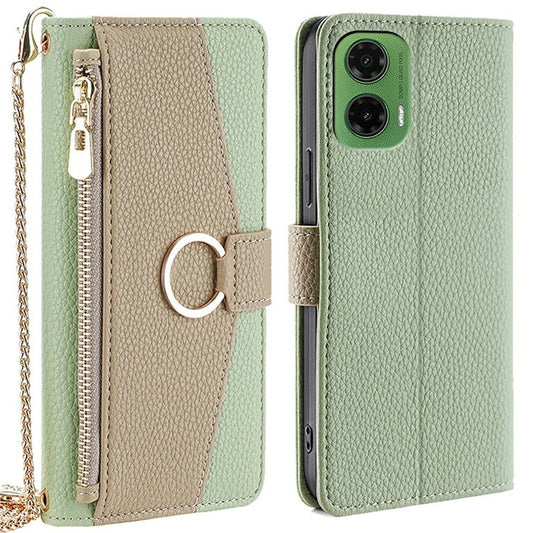 For Motorola Moto G35 5G Case Mirror Wallet Leather Phone Cover with Chain Shoulder Strap - Green