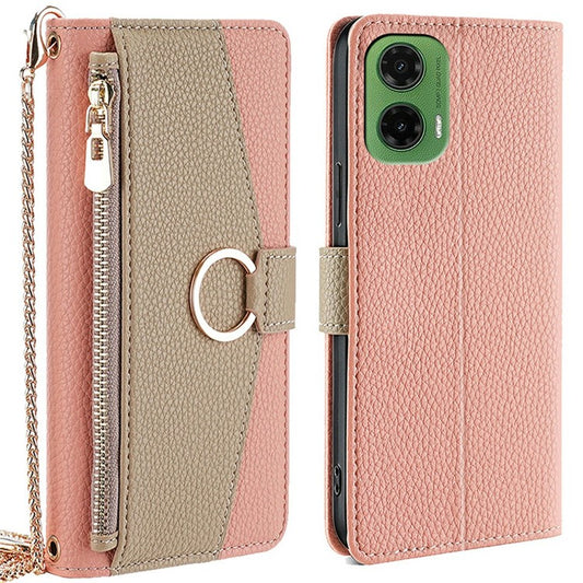 For Motorola Moto G35 5G Case Mirror Wallet Leather Phone Cover with Chain Shoulder Strap - Pink
