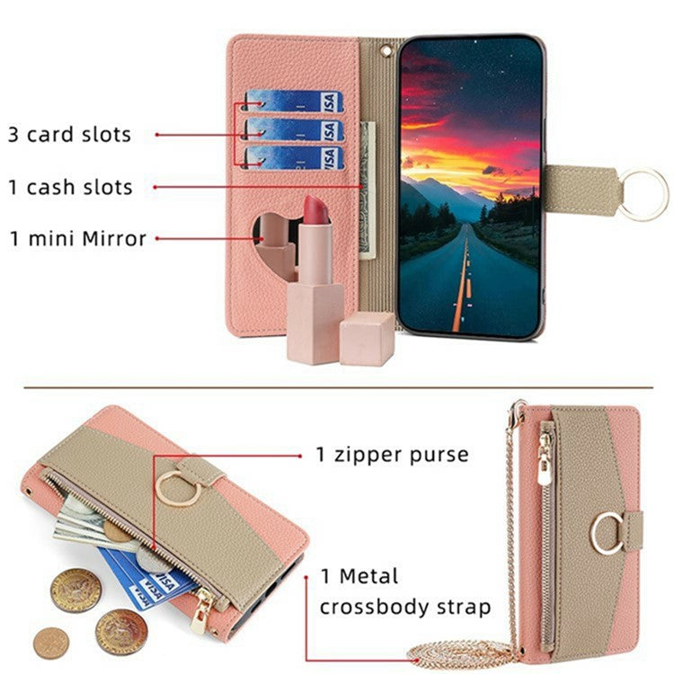 For Motorola Moto G35 5G Case Mirror Wallet Leather Phone Cover with Chain Shoulder Strap - Pink