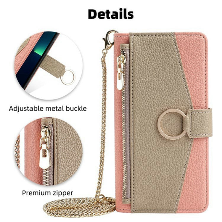 For Motorola Moto G35 5G Case Mirror Wallet Leather Phone Cover with Chain Shoulder Strap - Pink