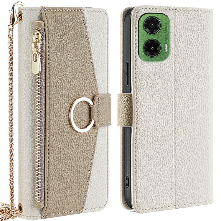 For Motorola Moto G35 5G Case Mirror Wallet Leather Phone Cover with Chain Shoulder Strap - White