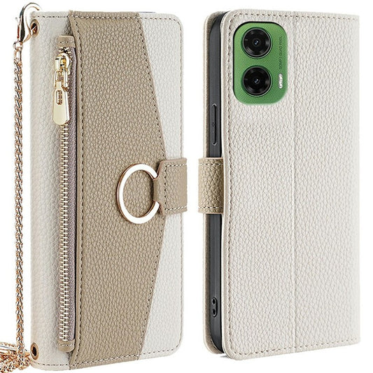 For Motorola Moto G35 5G Case Mirror Wallet Leather Phone Cover with Chain Shoulder Strap - White