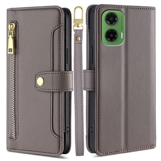 For Motorola Moto G35 5G Leather Case Zipper Pocket Wallet Phone Cover with 2 Straps - Grey