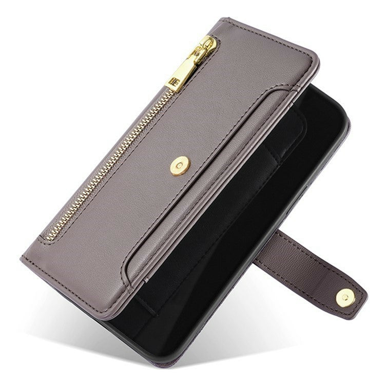 For Motorola Moto G35 5G Leather Case Zipper Pocket Wallet Phone Cover with 2 Straps - Grey