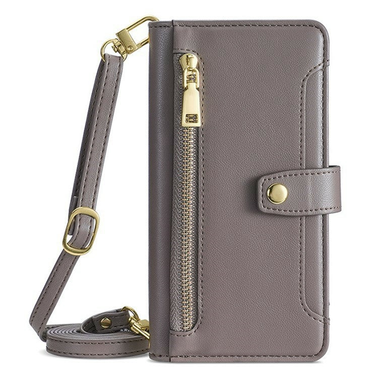 For Motorola Moto G35 5G Leather Case Zipper Pocket Wallet Phone Cover with 2 Straps - Grey
