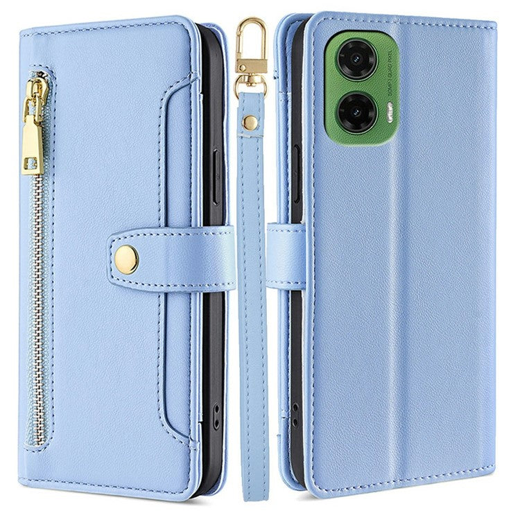 For Motorola Moto G35 5G Leather Case Zipper Pocket Wallet Phone Cover with 2 Straps - Blue