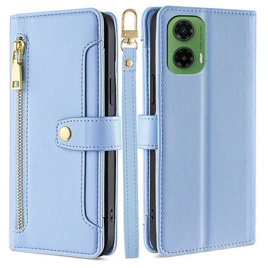 For Motorola Moto G35 5G Leather Case Zipper Pocket Wallet Phone Cover with 2 Straps - Blue
