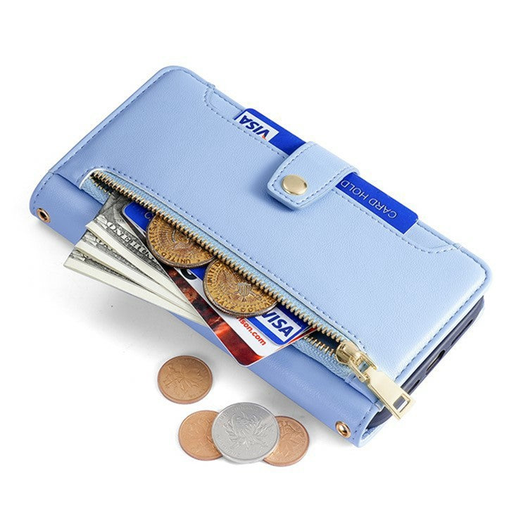 For Motorola Moto G35 5G Leather Case Zipper Pocket Wallet Phone Cover with 2 Straps - Blue
