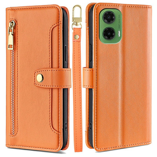 For Motorola Moto G35 5G Leather Case Zipper Pocket Wallet Phone Cover with 2 Straps - Orange