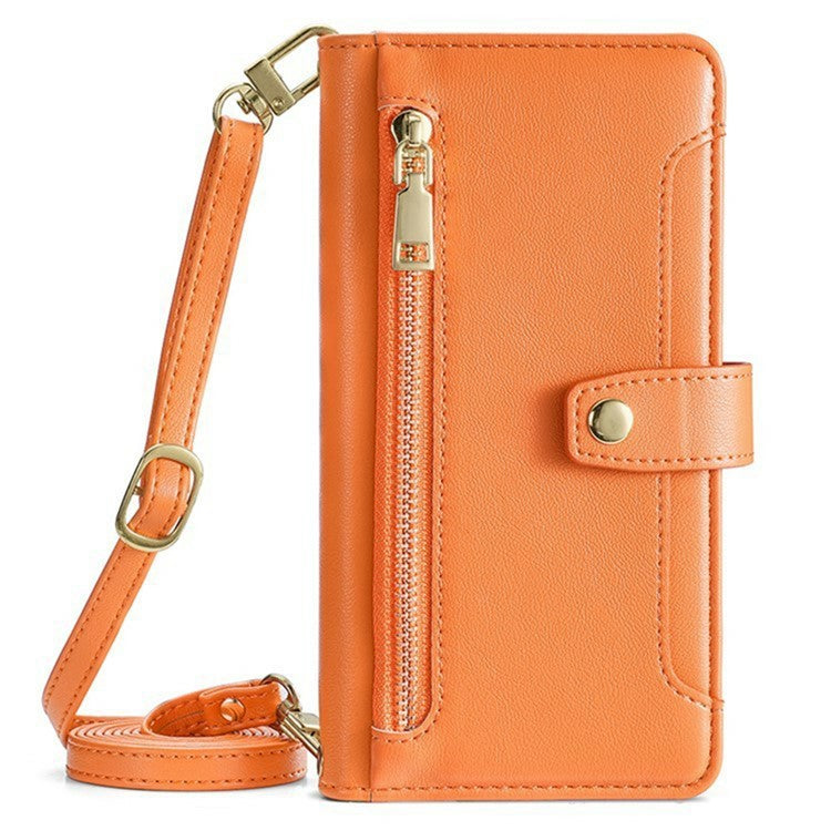 For Motorola Moto G35 5G Leather Case Zipper Pocket Wallet Phone Cover with 2 Straps - Orange